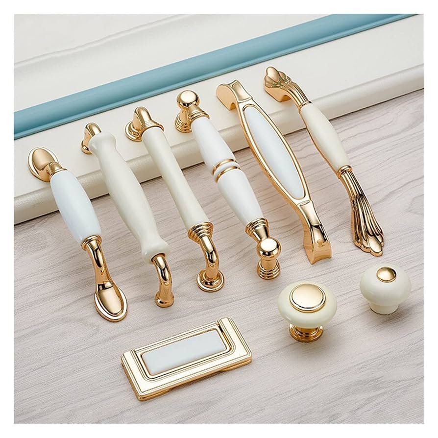 مقابض مطابخ سيراميك بيضاء وذهبية